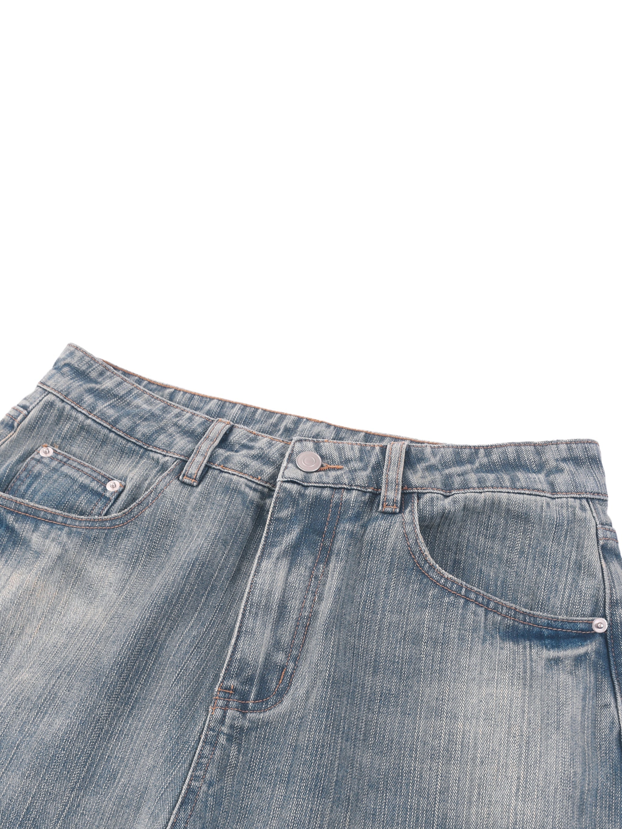 Vintage wash distressed denim jeans with classic five-pocket style on white background