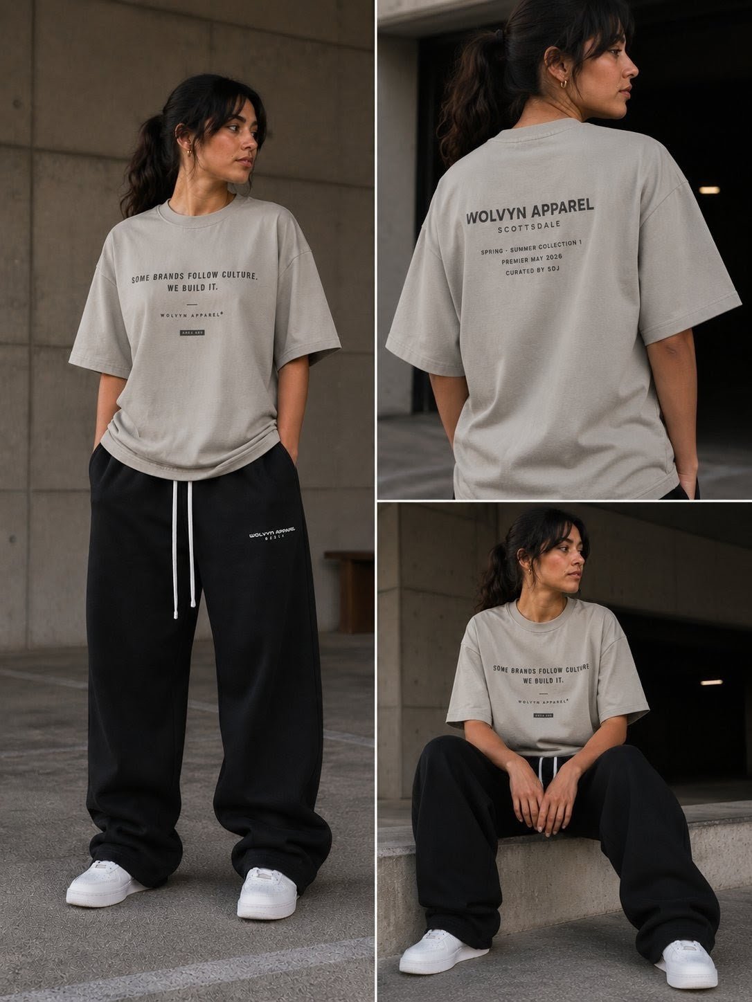 Woman wearing oversized beige graphic t-shirt and black streetwear sweatpants, outdoor urban setting