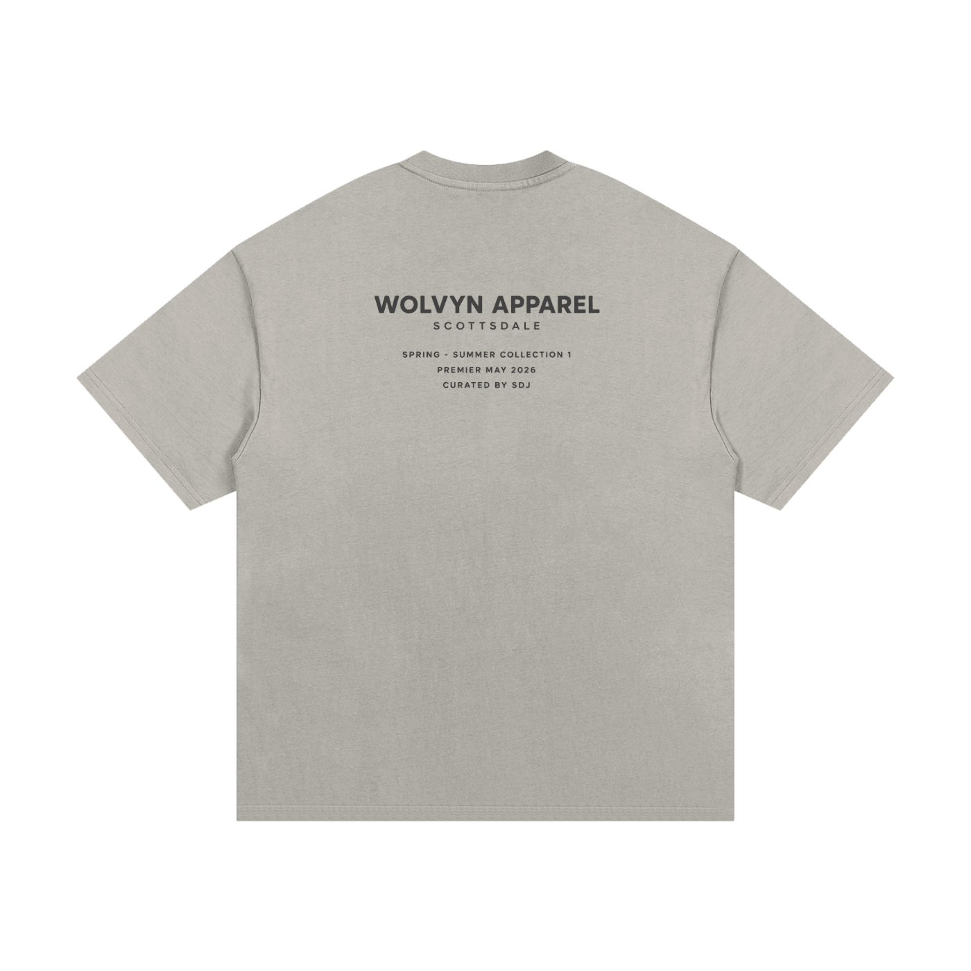 Back view of beige heavyweight streetwear t-shirt with bold black text print, Spring Summer 2026 collection.