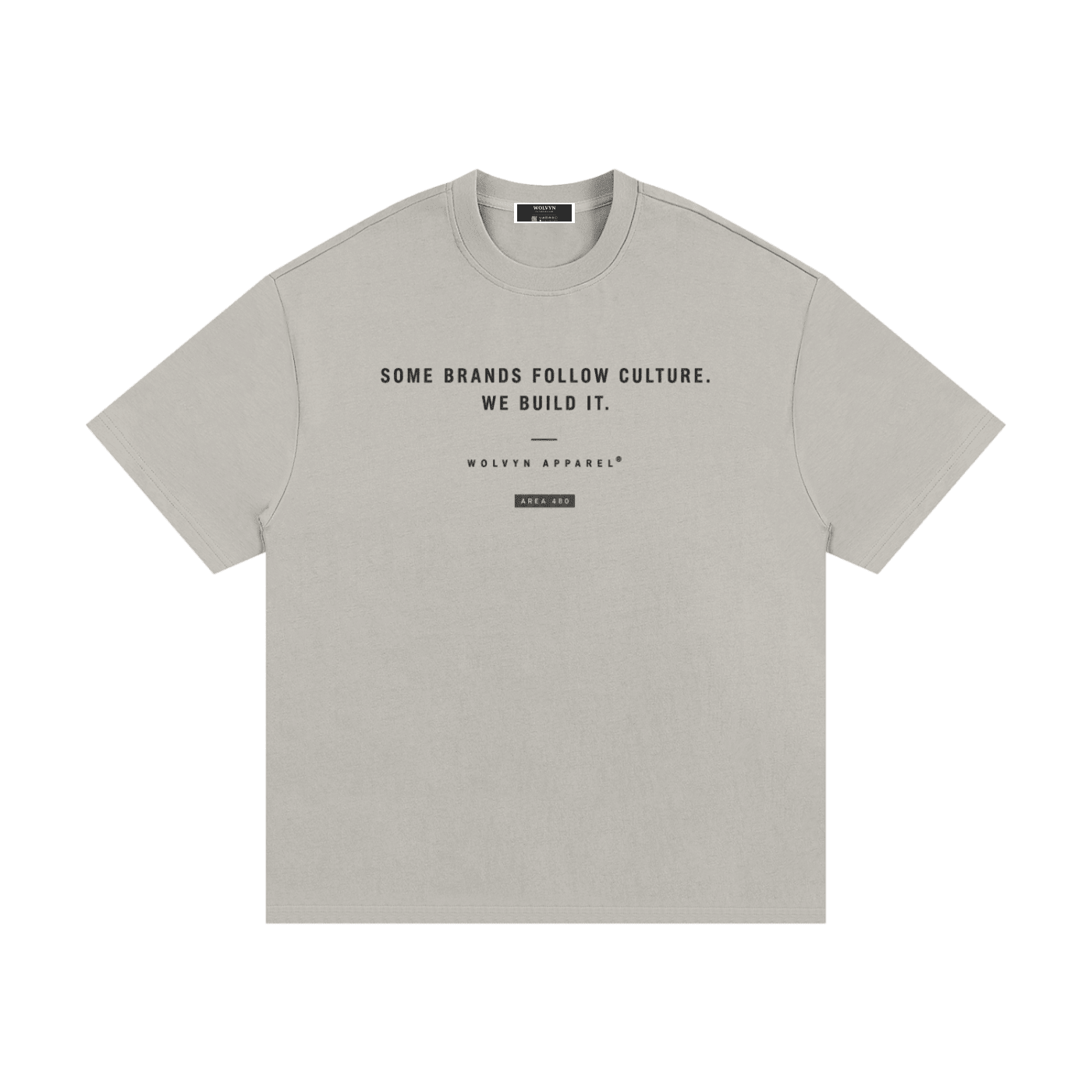 Beige heavyweight streetwear t-shirt with bold front text graphic and crew neck design