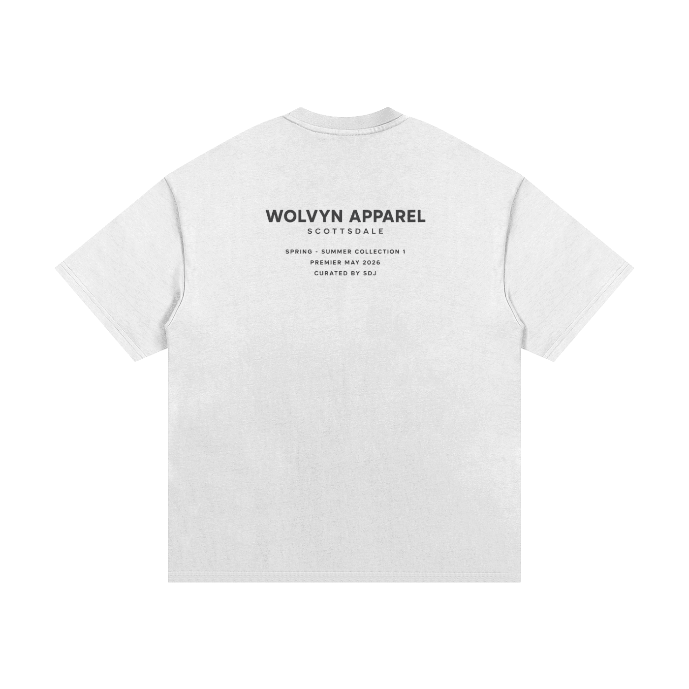 Back view of a white heavyweight streetwear t-shirt with bold black text print details.
