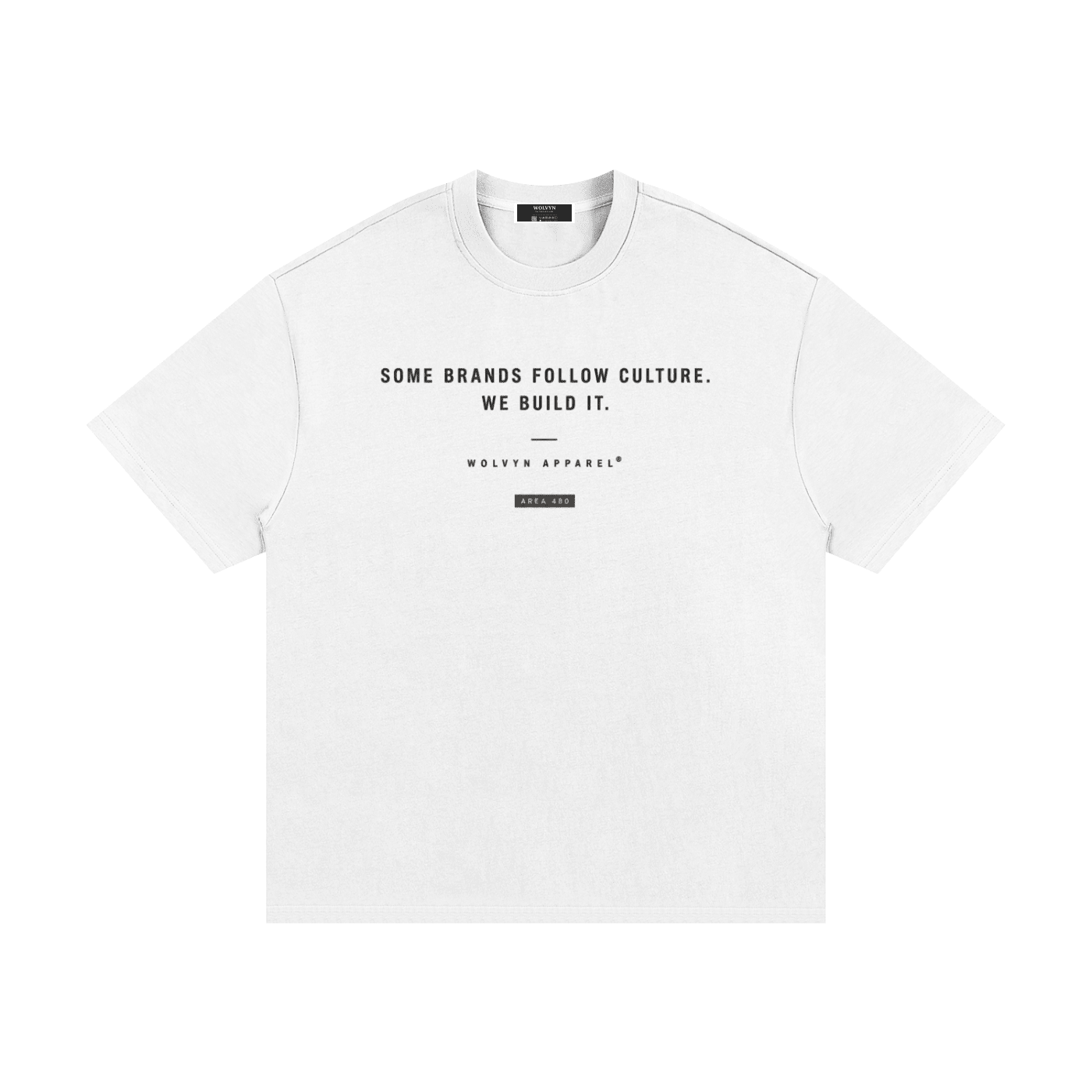 White heavyweight streetwear t-shirt with bold black text graphic on the chest