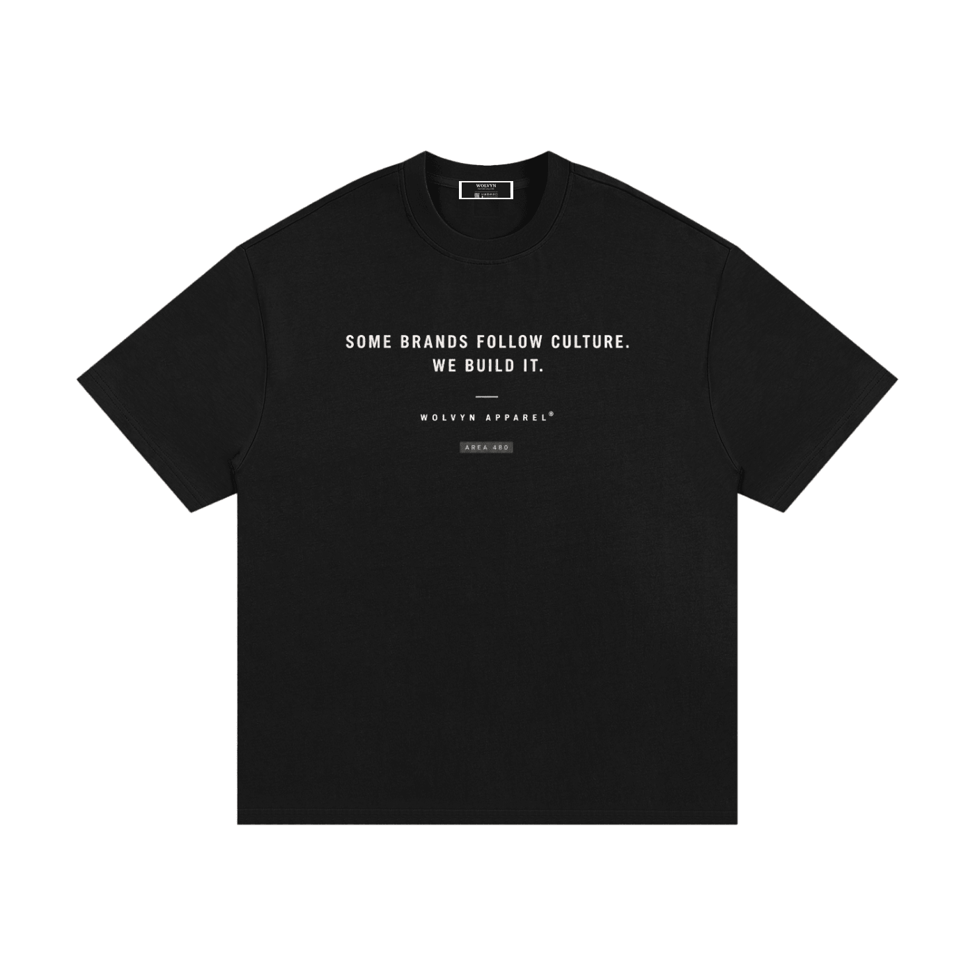 Black heavyweight streetwear t-shirt with bold white text and minimalist graphic on chest