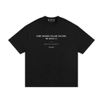 Black heavyweight streetwear t-shirt with bold white text and minimalist graphic on chest