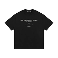 Black heavyweight streetwear t-shirt with bold white text and minimalist graphic on chest