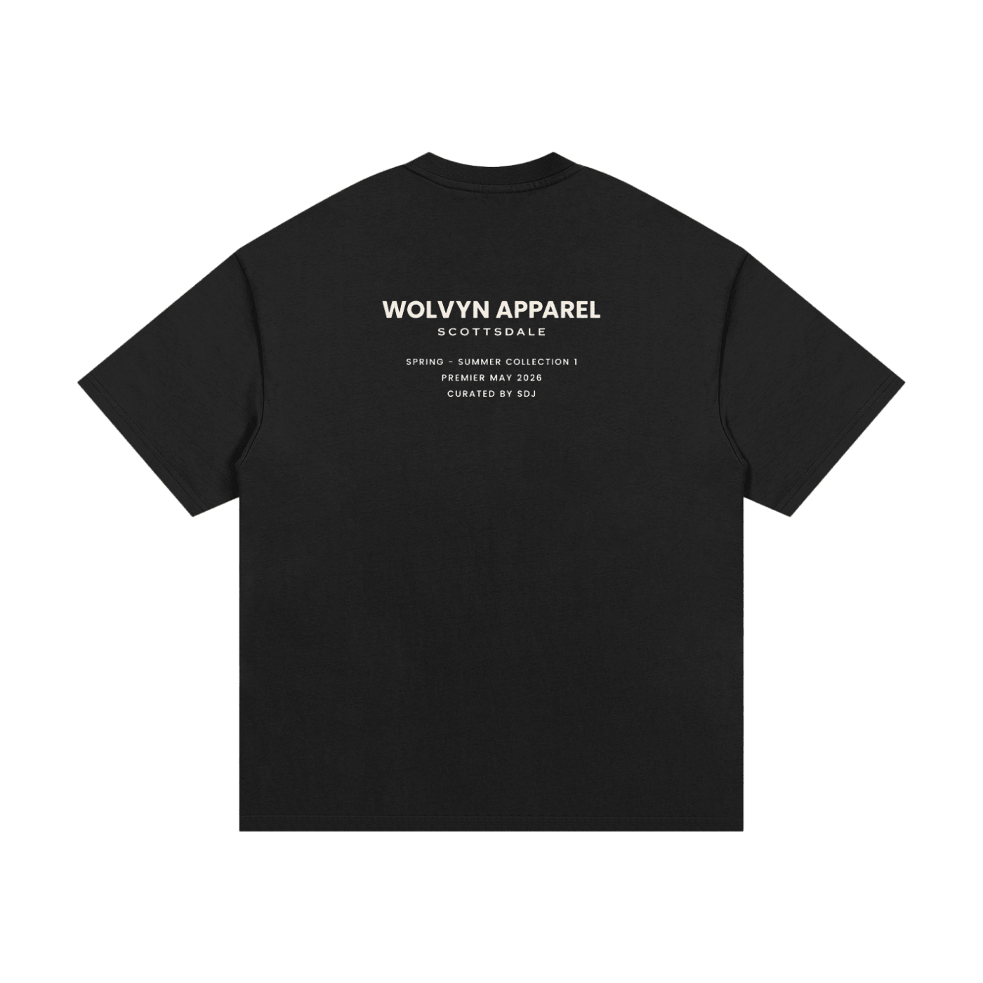 Back of a black streetwear t-shirt with bold white text featuring Spring Summer Collection 1 details.