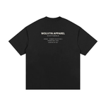 Back of a black streetwear t-shirt with bold white text featuring Spring Summer Collection 1 details.