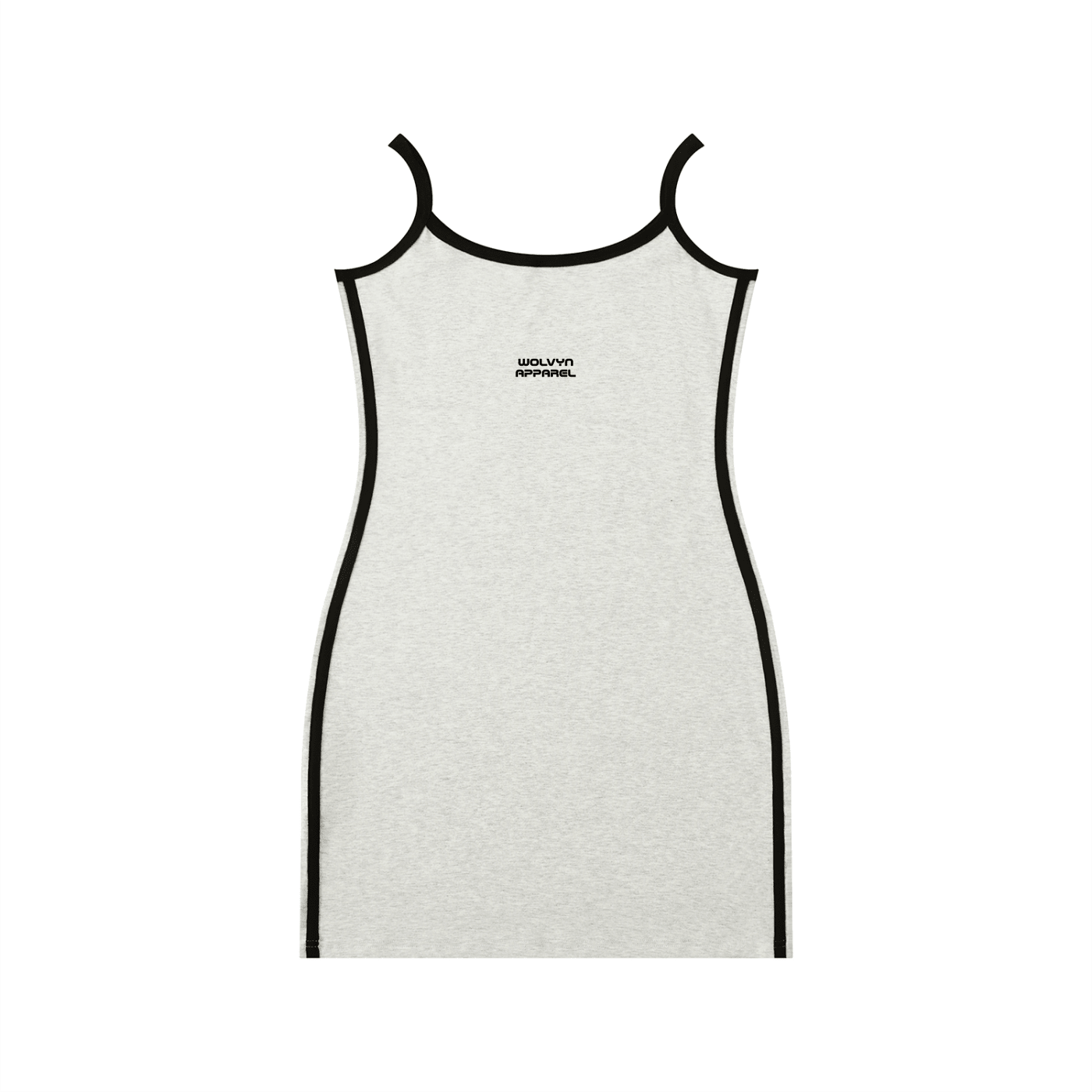 Women's color block mini dress with thin straps and black trim on light fabric