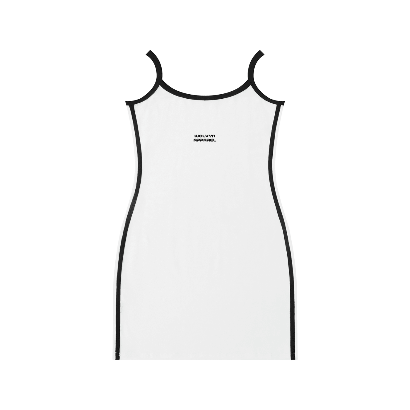 White color block mini dress with black trim and thin straps, features chest text logo