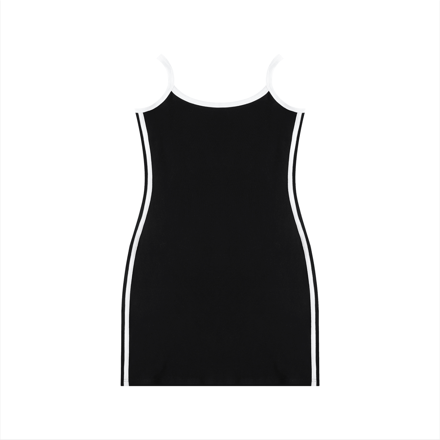 Black color block mini dress with white trim and spaghetti straps on white background