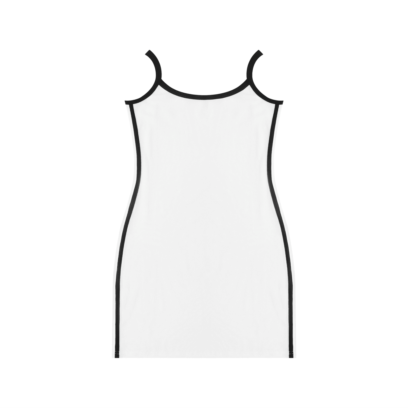 White mini dress with black color block trim and spaghetti straps, laid flat