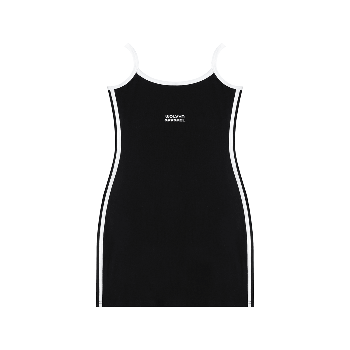 Women's black color block mini dress with white trim, spaghetti straps, and front logo.