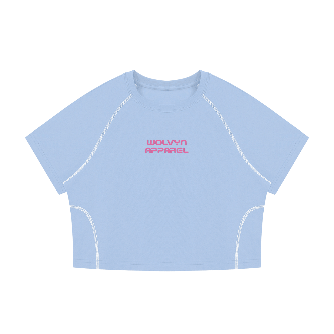 Light blue women's crop t-shirt with contrast white stitching and pink logo text on chest
