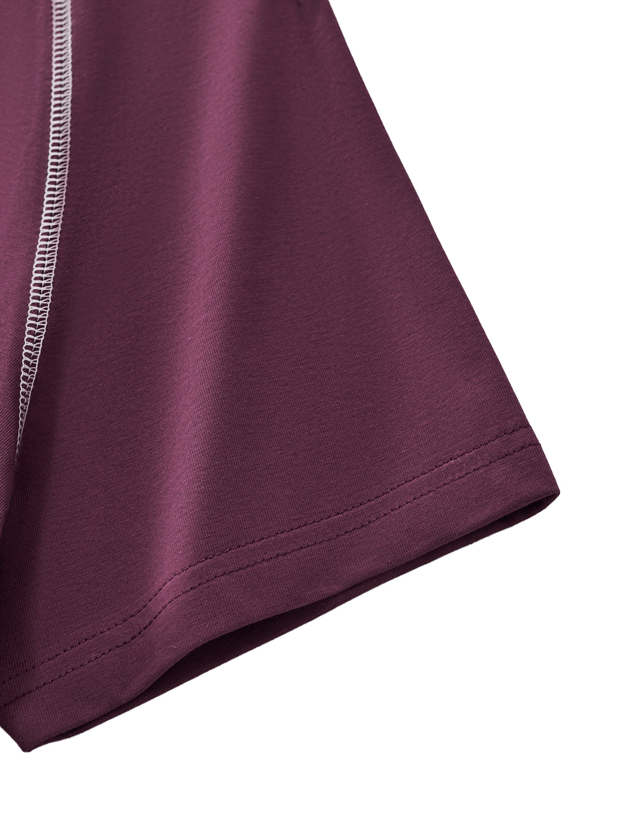 Close-up of purple women's crop t-shirt sleeve with white contrast stitching