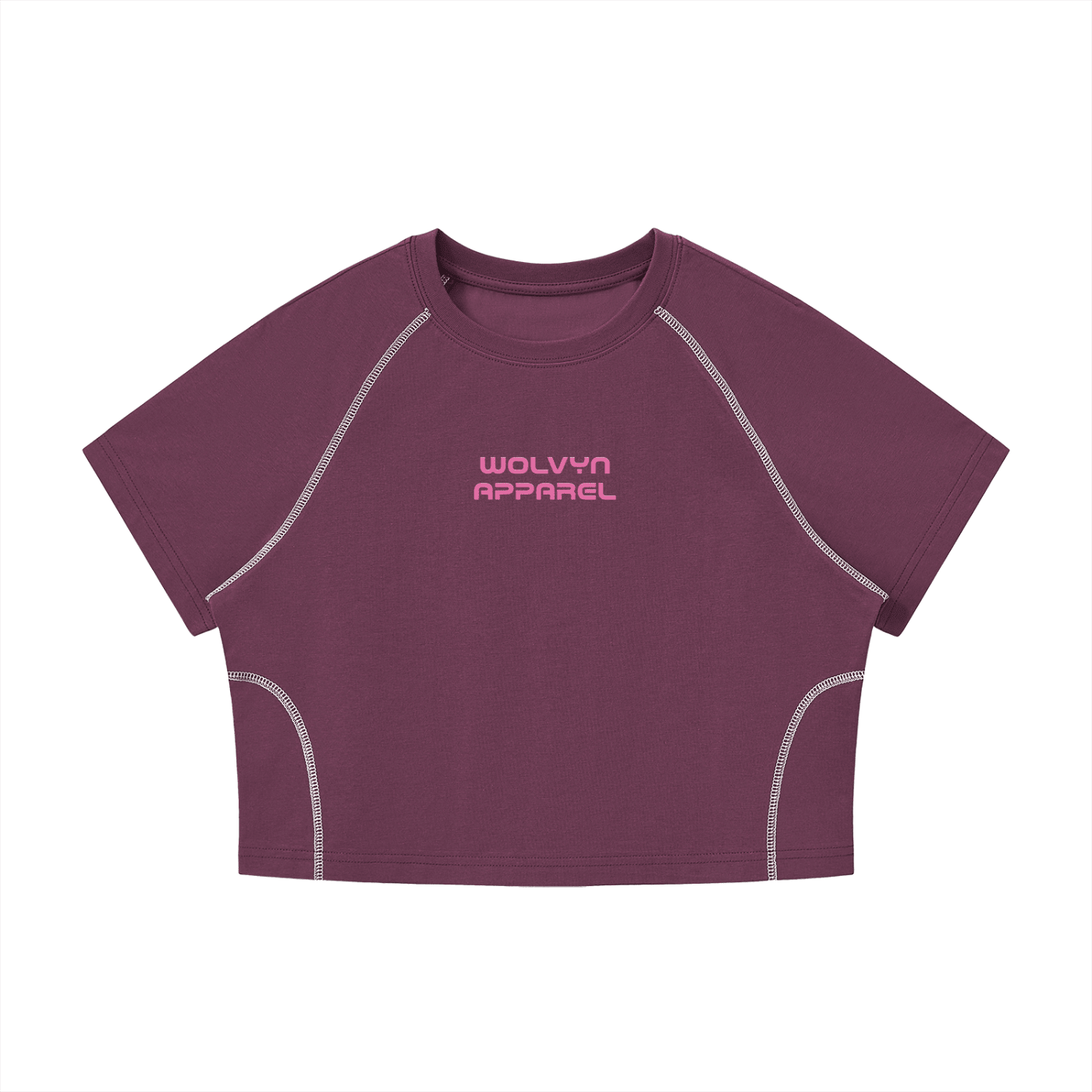 Women's purple crop t-shirt with contrast stitching and front logo, streetwear style.