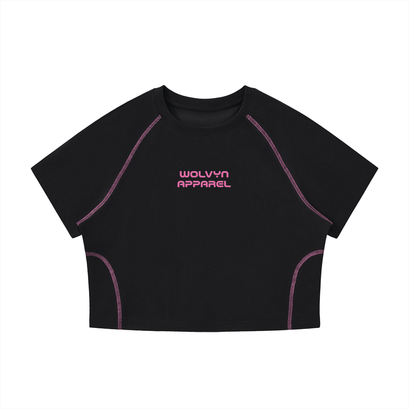 Black women's crop raglan t-shirt with pink contrast stitching and pink front logo text.