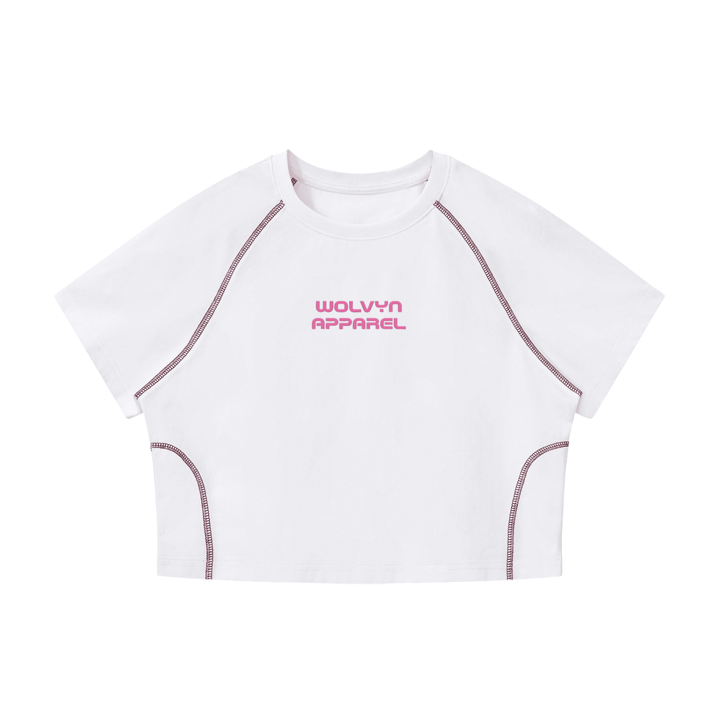 White women's crop t-shirt with contrast stitching and pink front logo text.