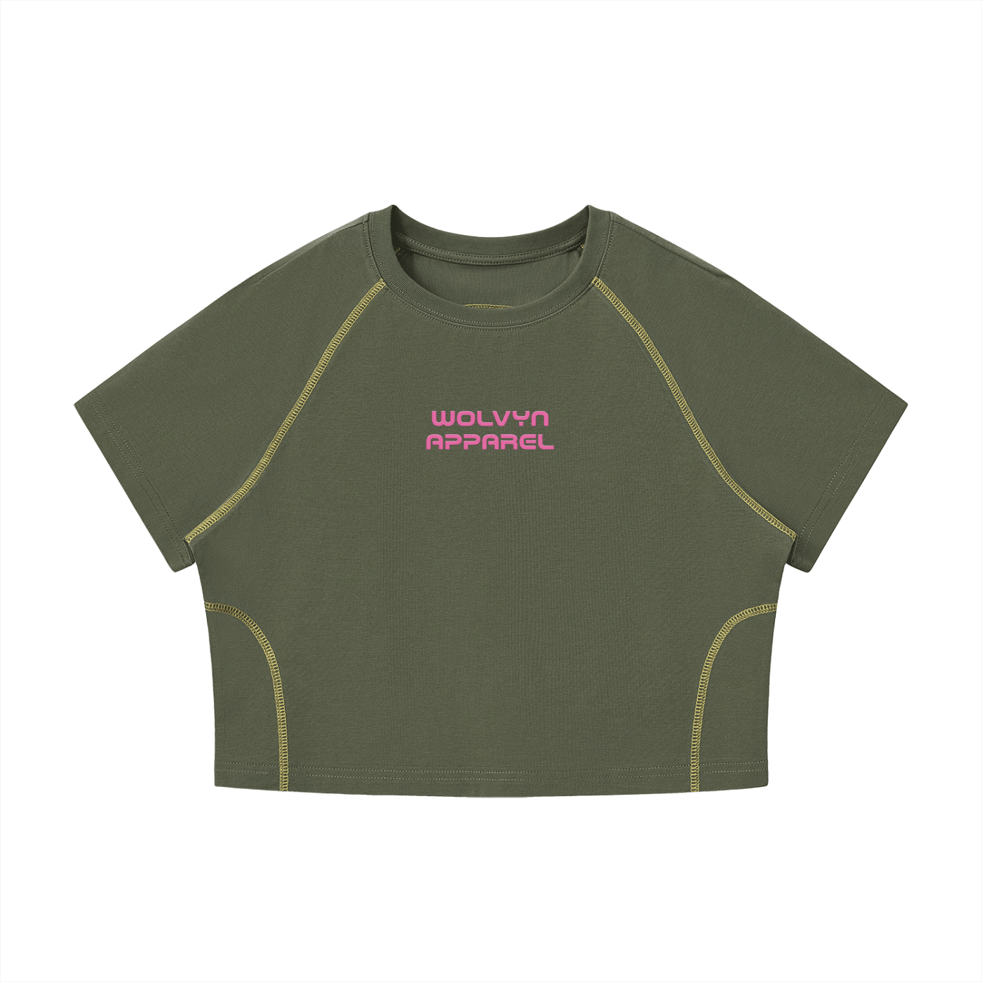 Olive green women's crop t-shirt with contrast stitching and pink chest text on white background