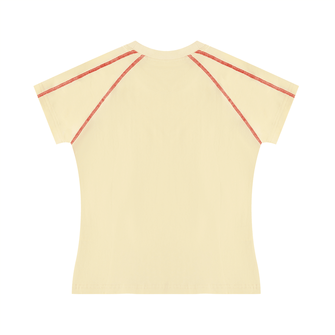Back view of women's cream raglan t-shirt with red contrast stitching