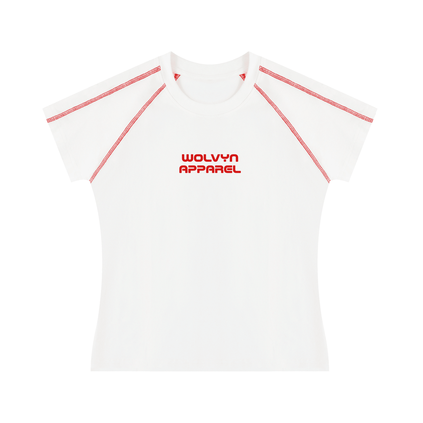 Women's white raglan t-shirt with red contrast stitching and central red logo text
