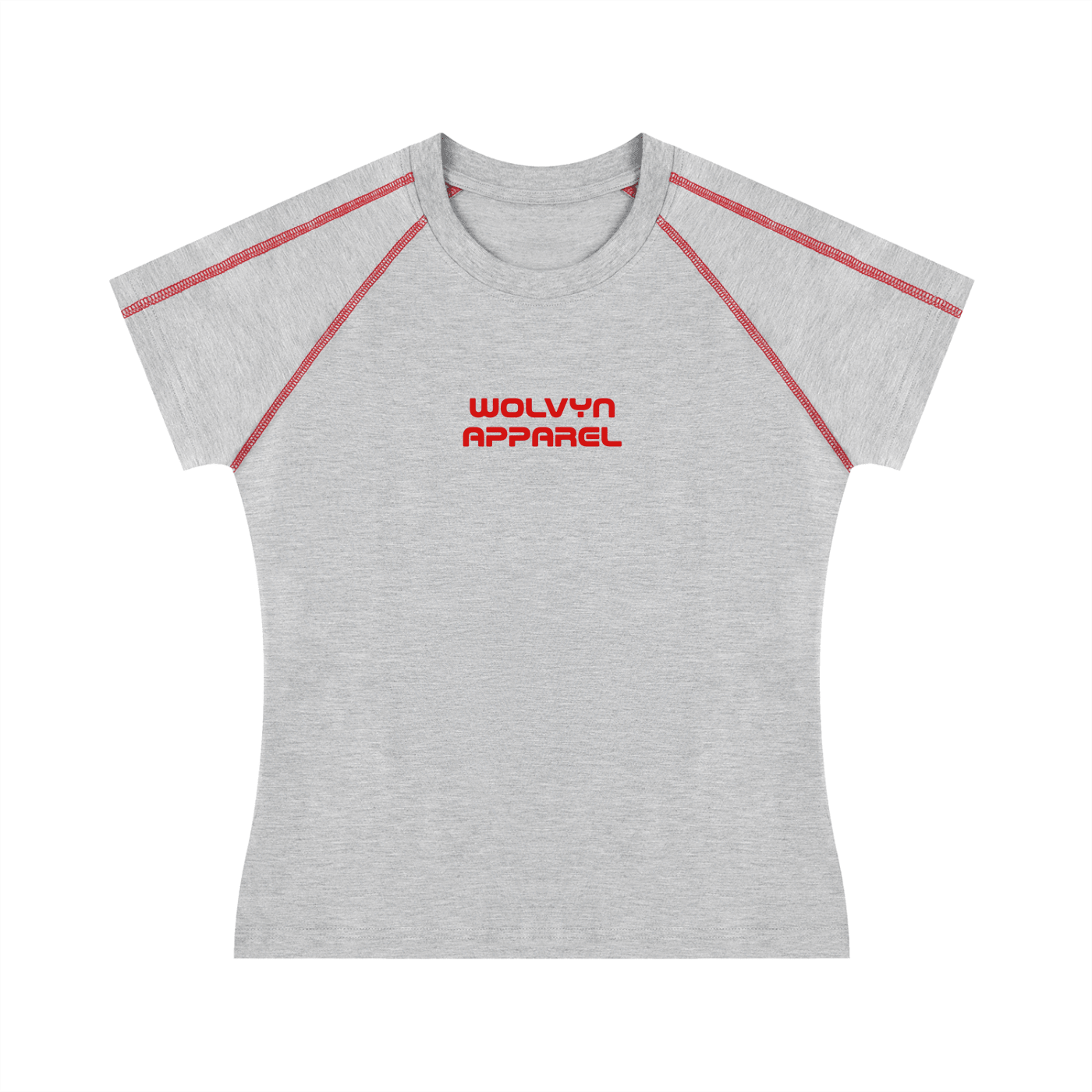 Women's grey raglan t-shirt with red contrast stitching and bold red text on chest