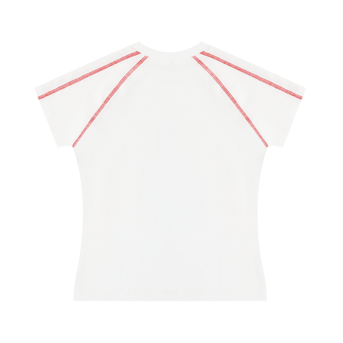 Back view of women's white raglan t-shirt with red contrast stitching on sleeves