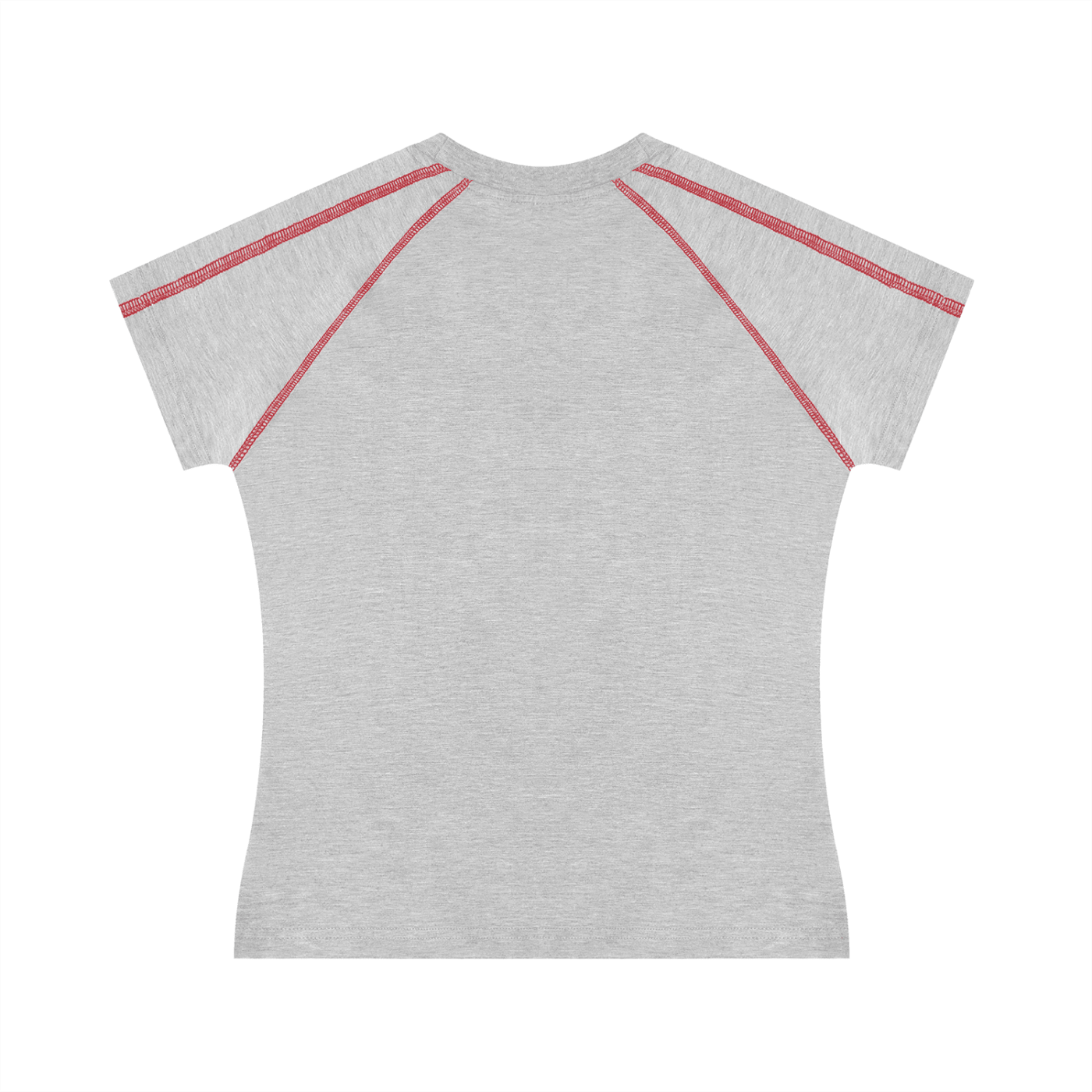 Back view of women's gray raglan t-shirt with red contrast stitching on sleeves and seams.