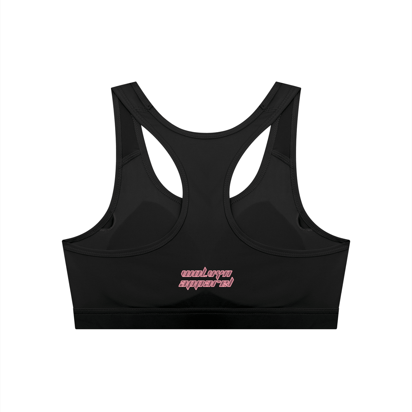 Black women's cropped racerback sports bra with pink text, back view