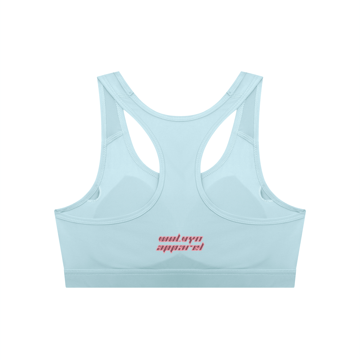 Light blue women's cropped sports bra with pink text on back, racerback style