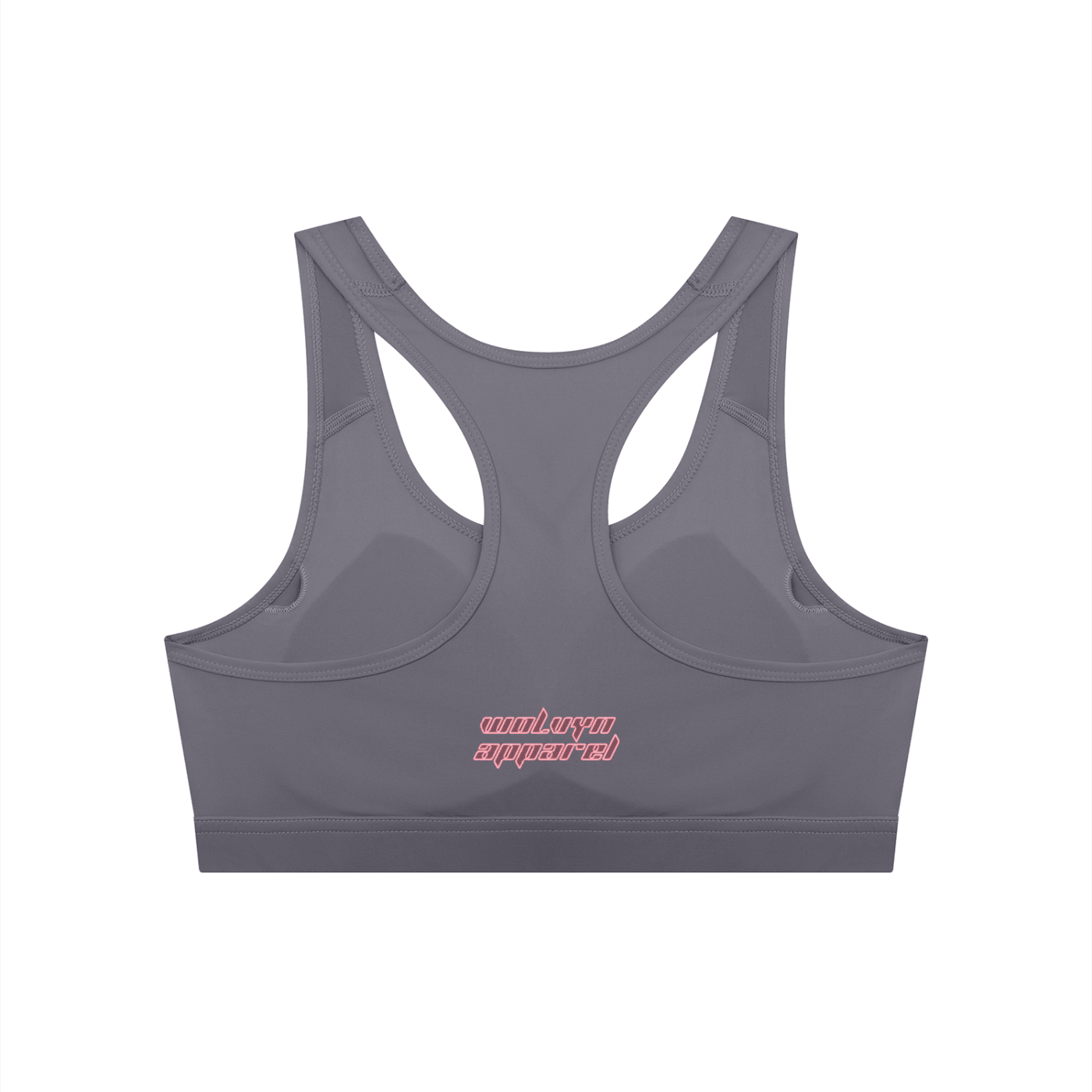 Gray women's racerback cropped sports bra with pink logo on back, streetwear style