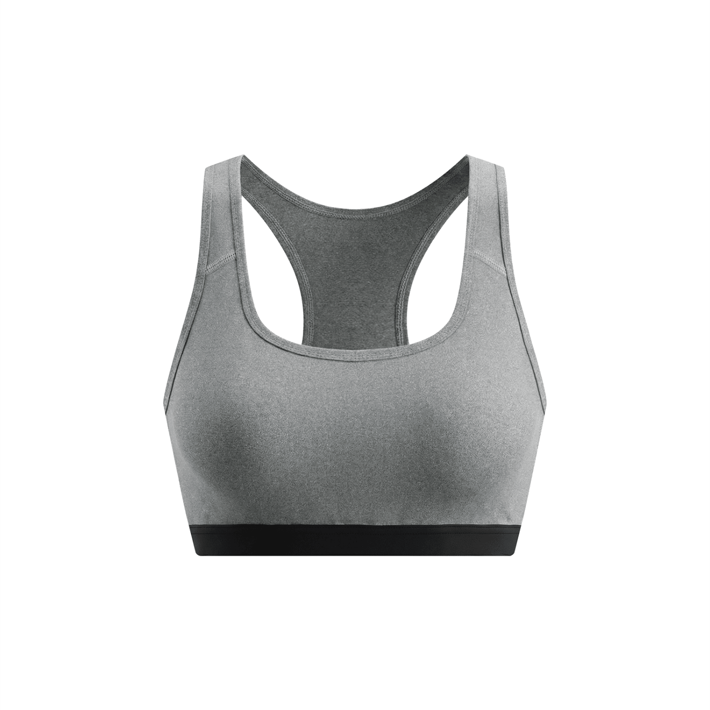 Gray cropped women's sports bra with racerback and black trim on white background