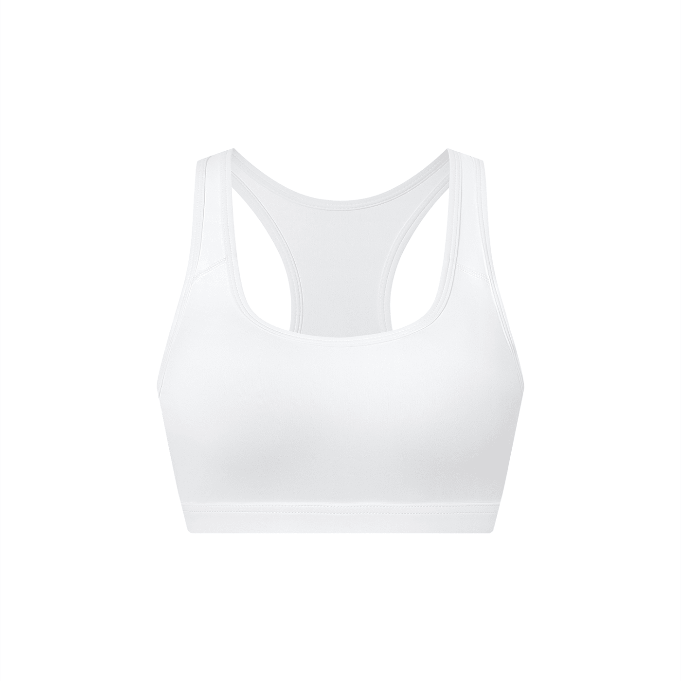 White women's cropped sports bra with racerback design on white background