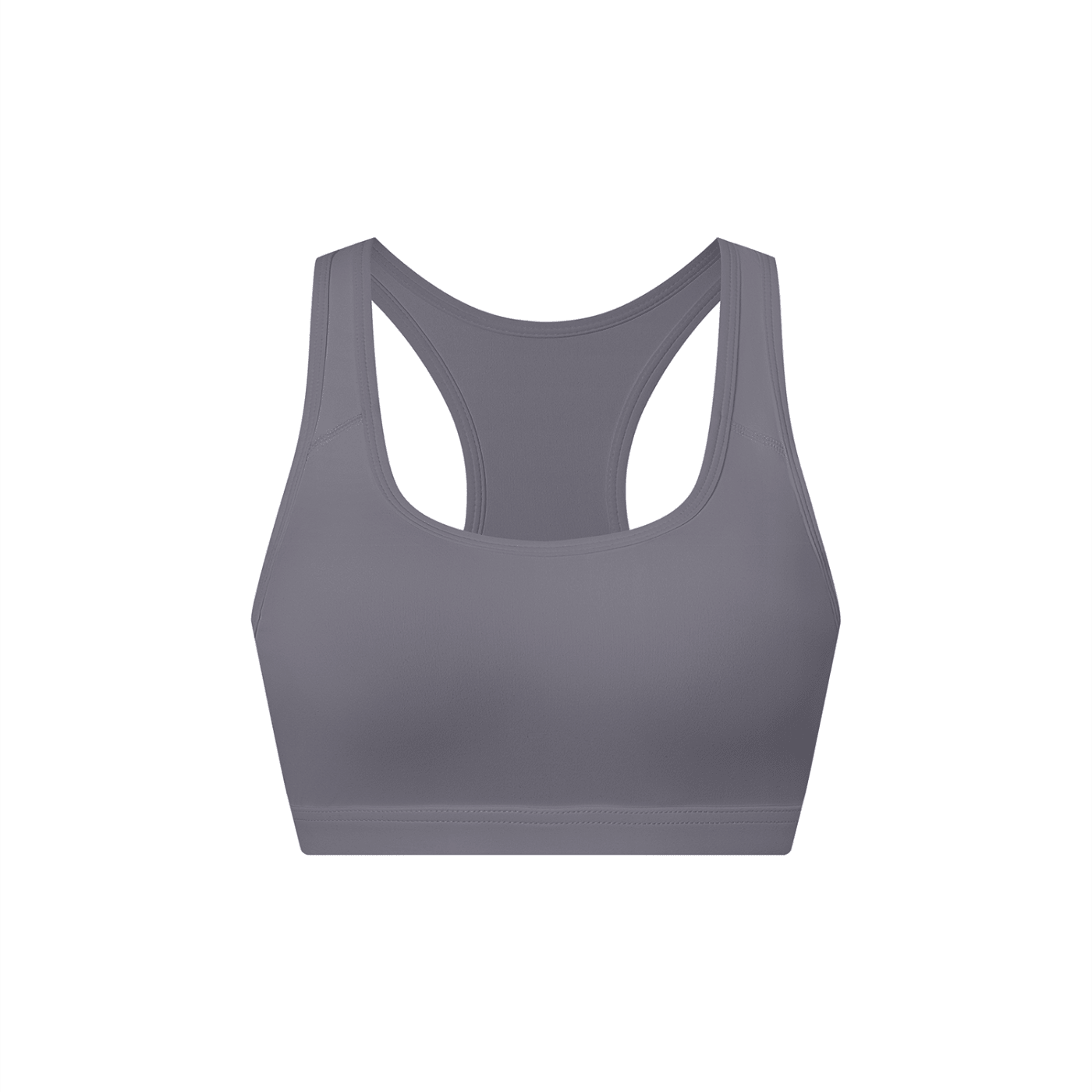 Women's grey cropped sports bra with racerback, minimalist design on white background