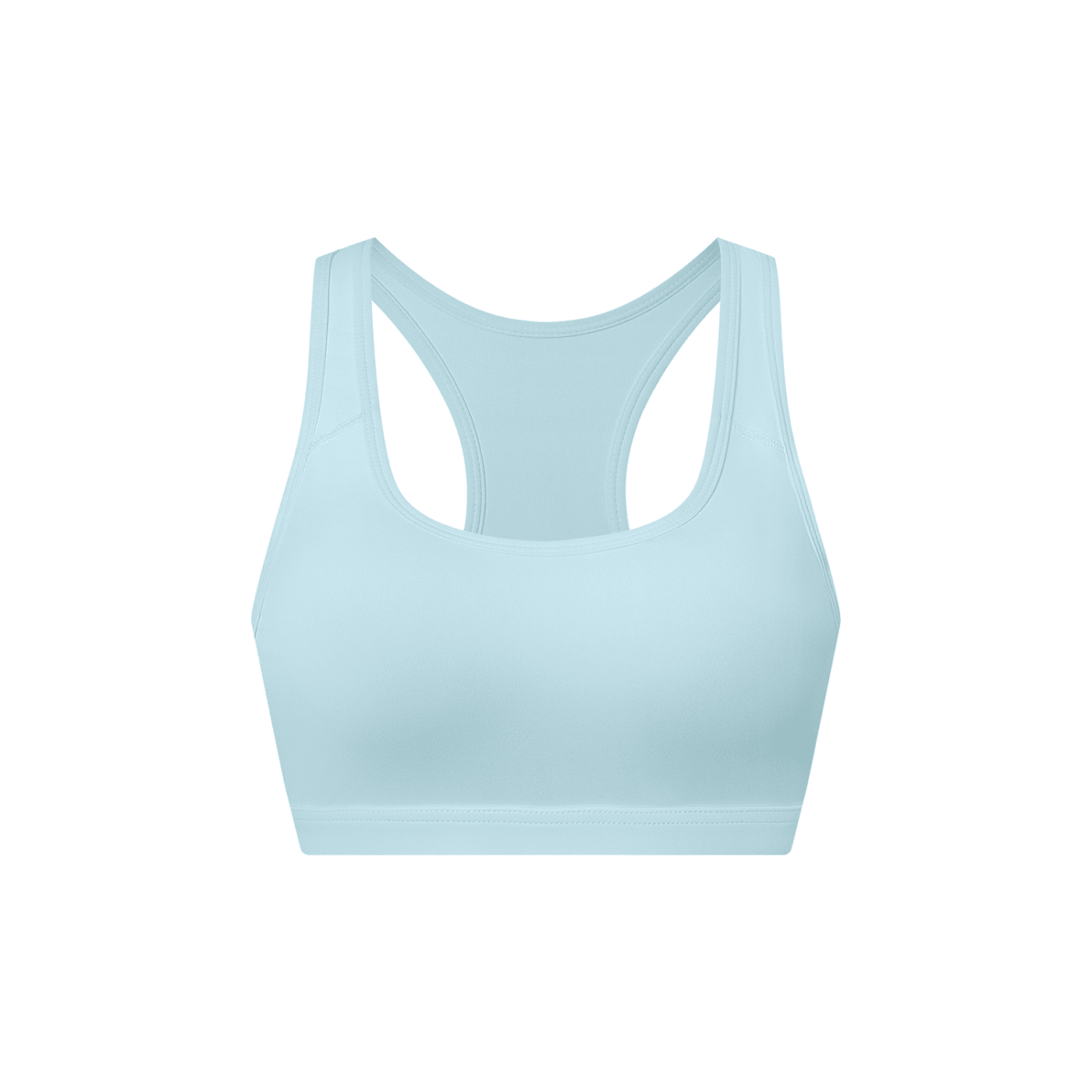 Light blue women's cropped sports bra with racerback design on white background