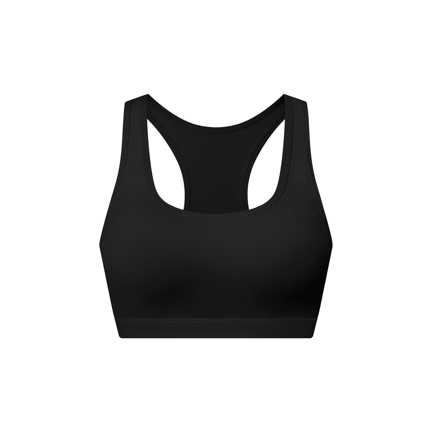 Black women's cropped sports bra with racerback design on white background