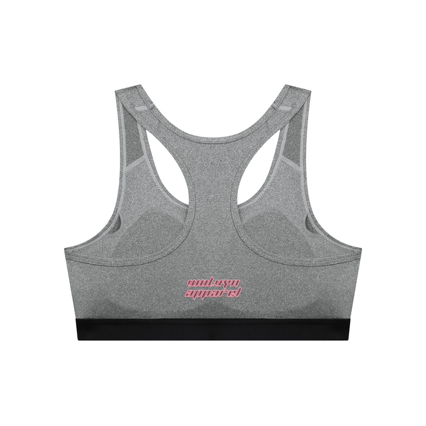 Gray women's cropped sports bra with racerback design and pink logo on the back