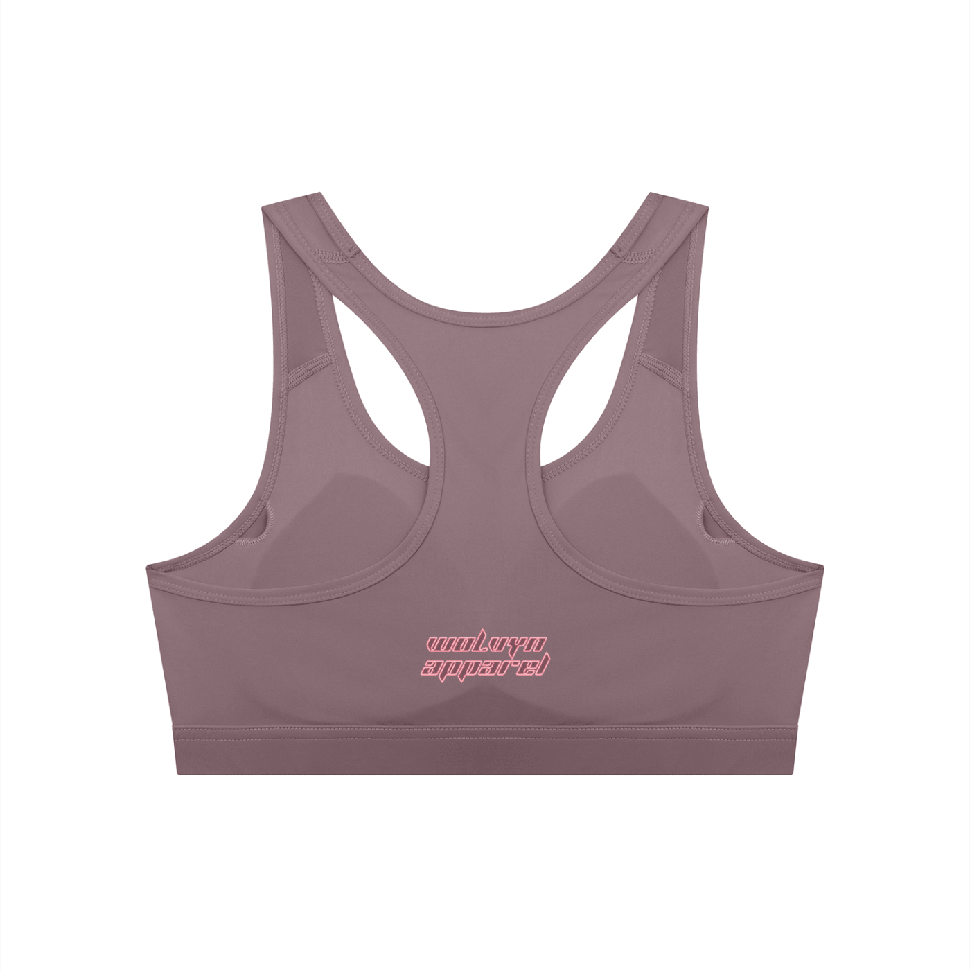 Women's mauve cropped sports bra with racerback and pink logo text on the back