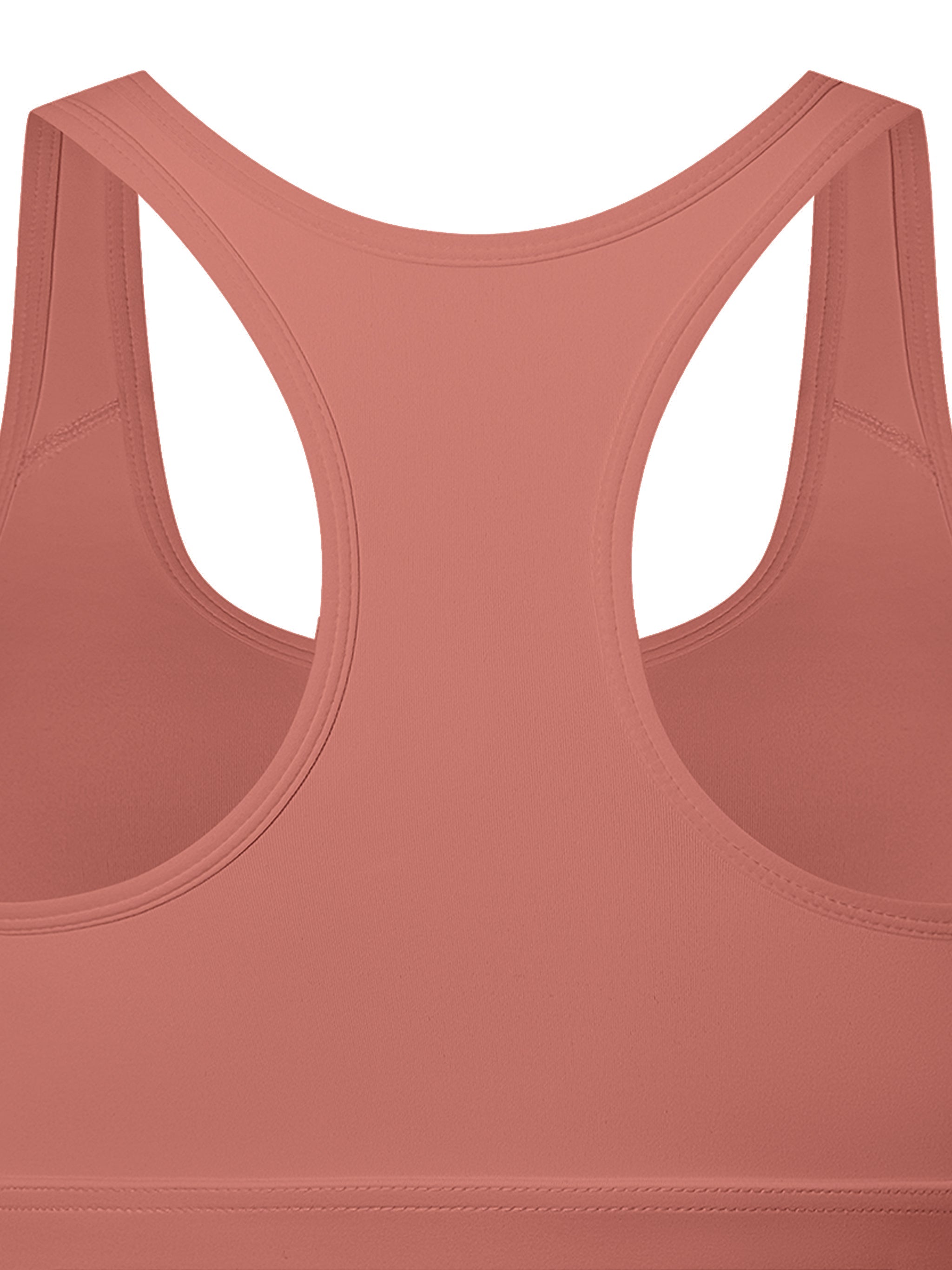 Back view of women's cropped sports bra in dusty rose color with racerback design
