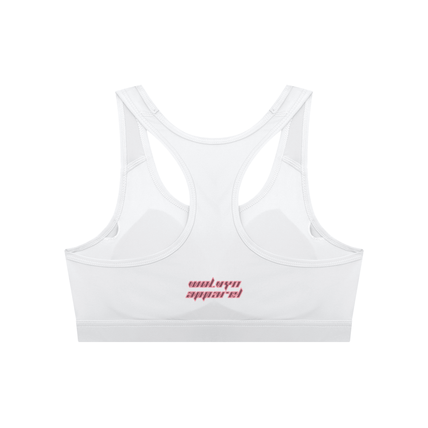White women's cropped sports bra with racerback design and pink logo text on the back