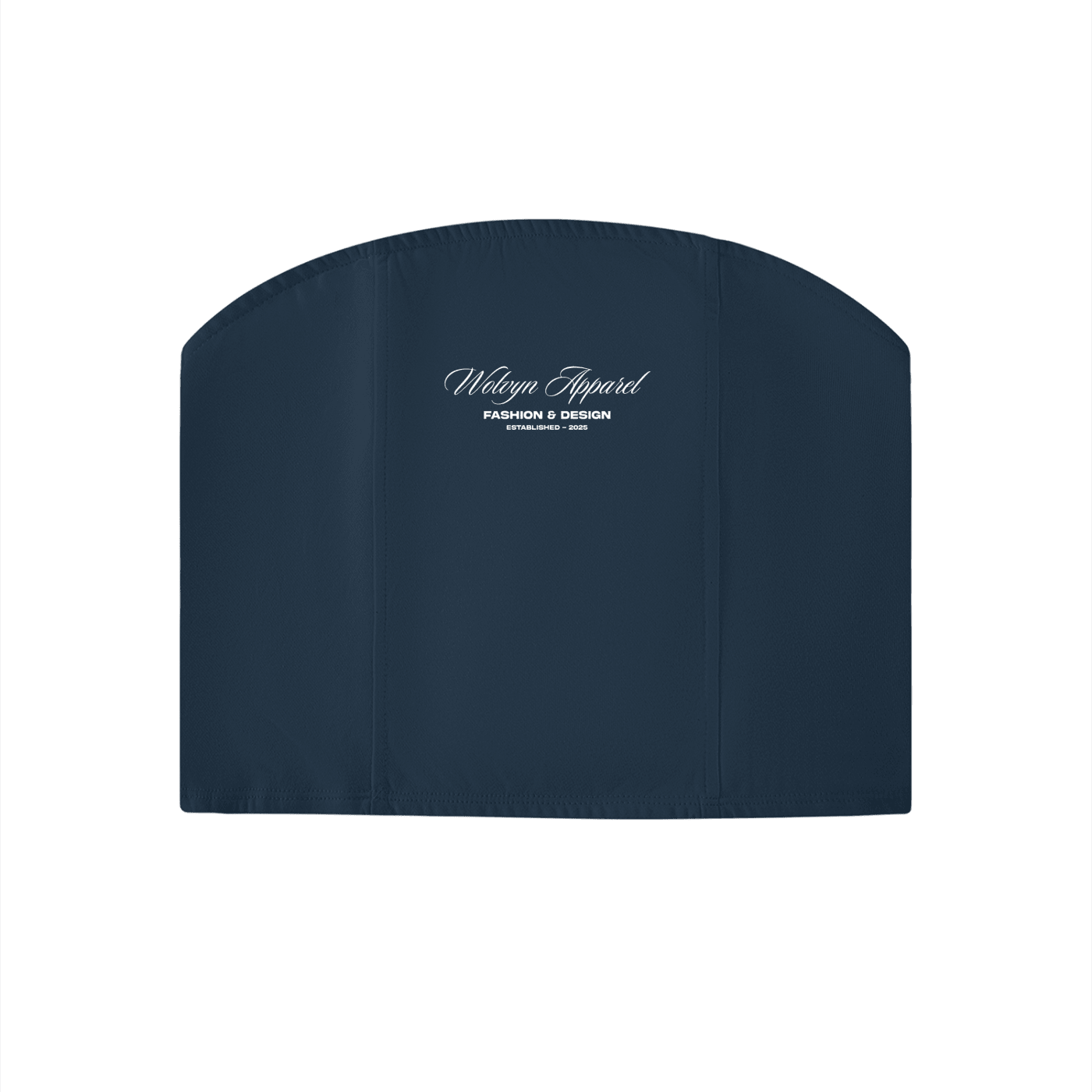 Women's navy cropped tube top with white text graphic, minimalist streetwear style