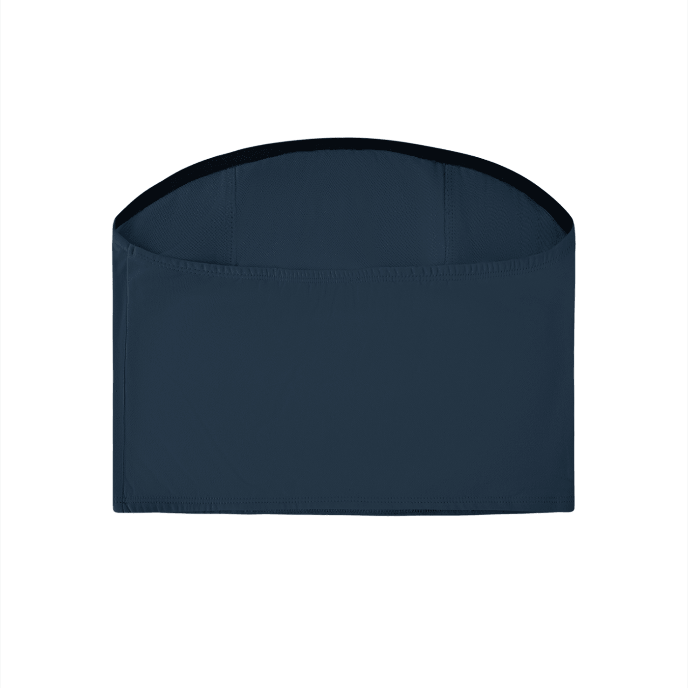 Dark blue women’s cropped tube top against a white background