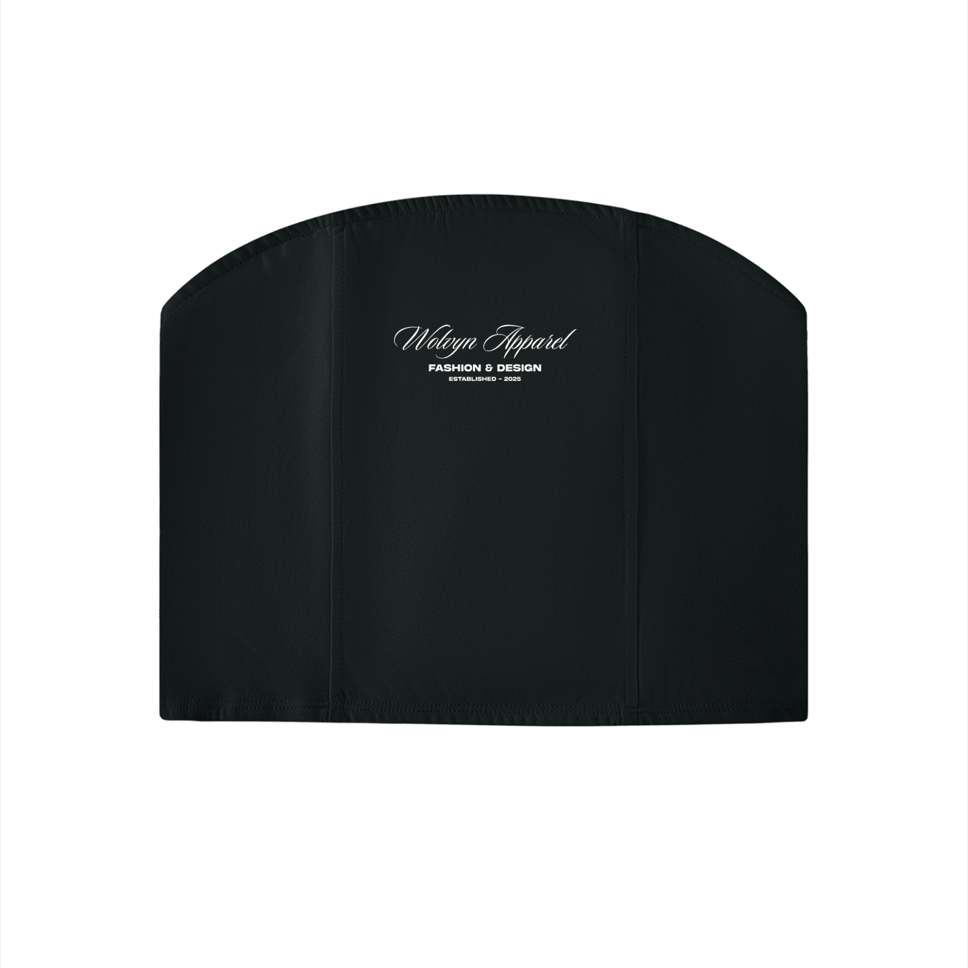 Black women’s cropped tube top with white script logo and minimal text on front