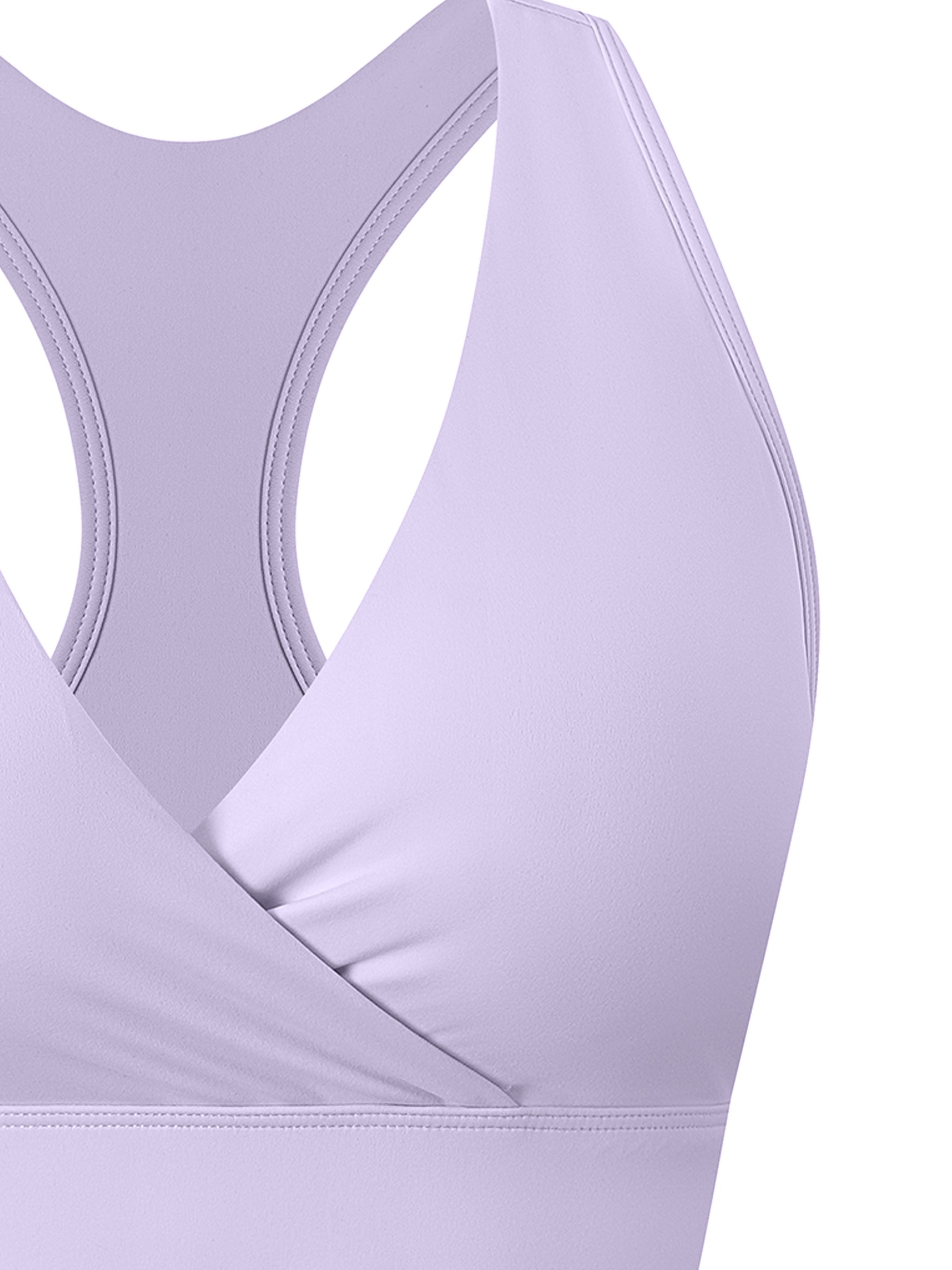 Light purple women's crossover V-neck sports bra with racerback design