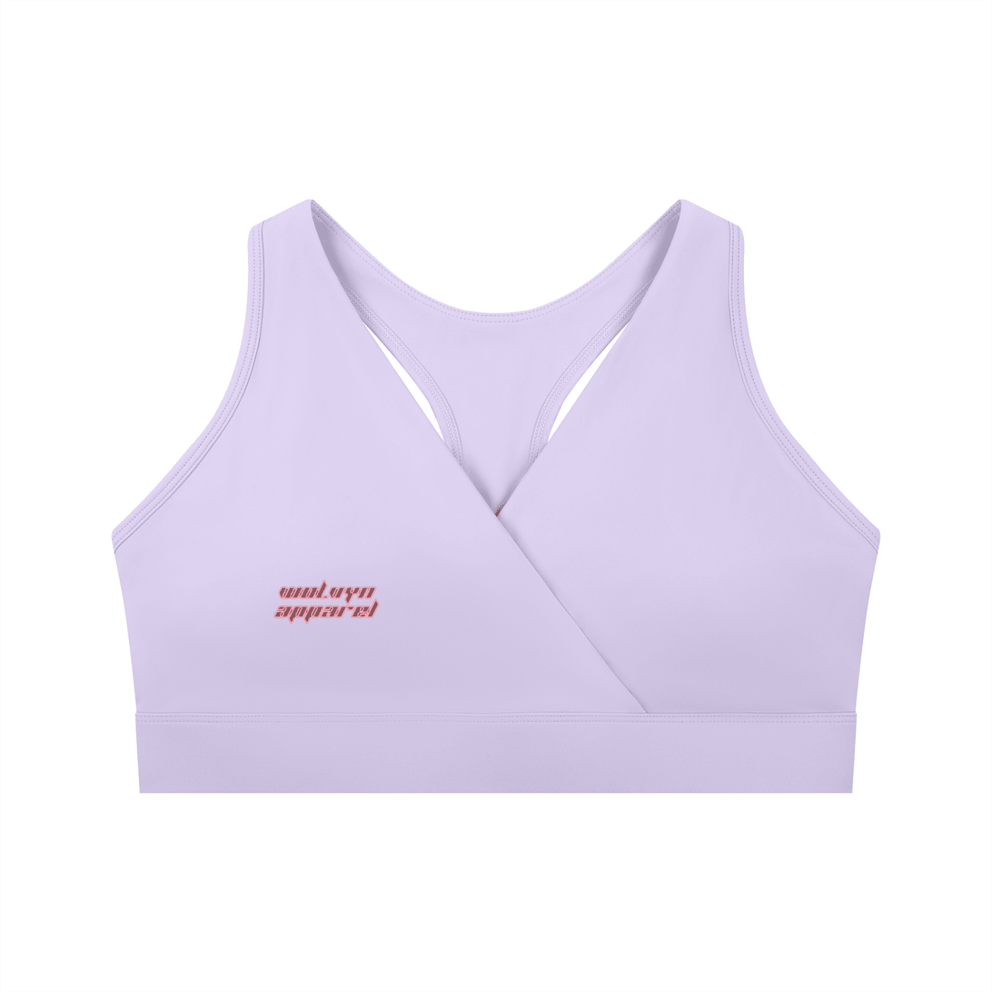 Light purple women's crossover V-neck sports bra with subtle front logo text