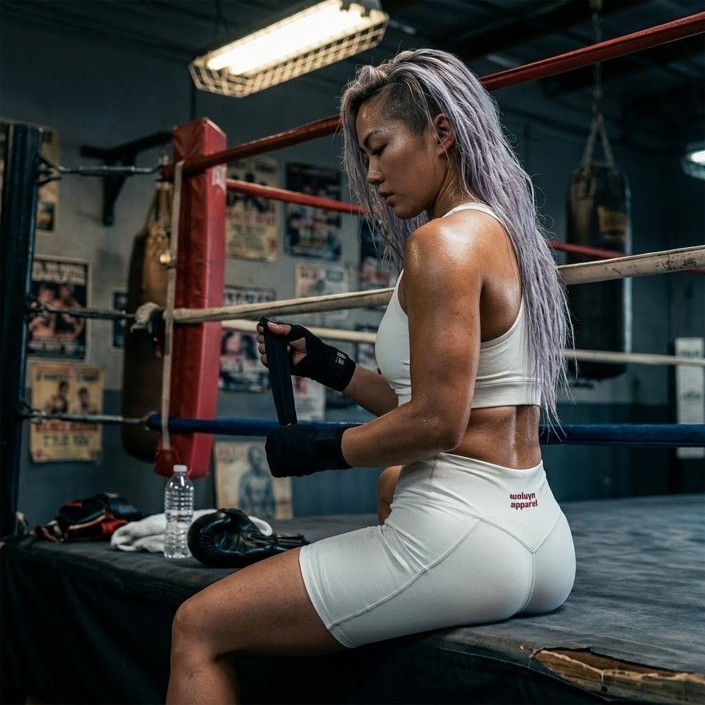 Woman in a gym ring wearing white crossover v-neck sports bra and shorts, preparing for workout