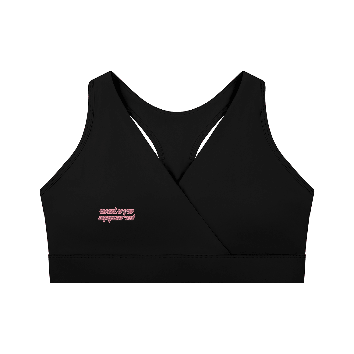 Black women's crossover V-neck sports bra with pink logo on front, isolated on white background