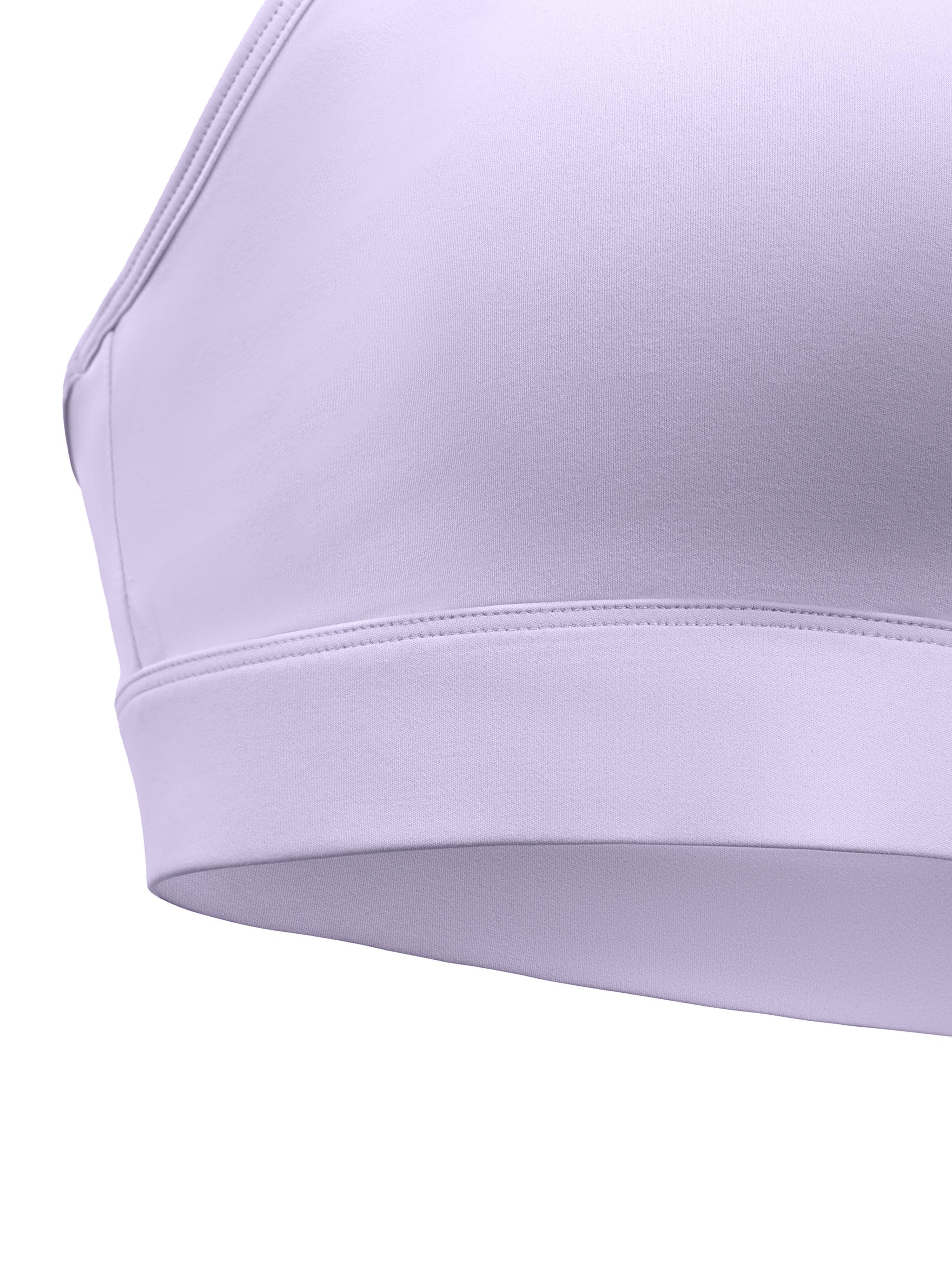 Close-up of a light purple women’s crossover V-neck sports bra, seamless design.