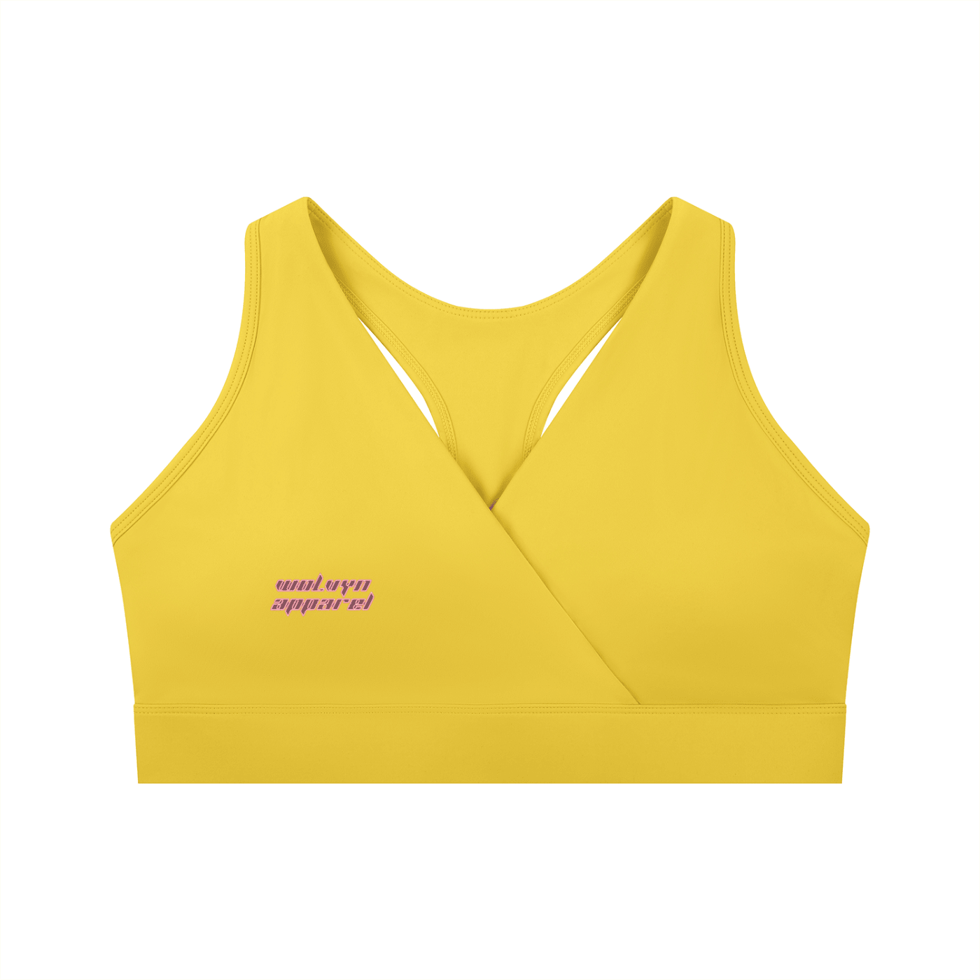 Yellow women's crossover V-neck sports bra with purple text and racerback design