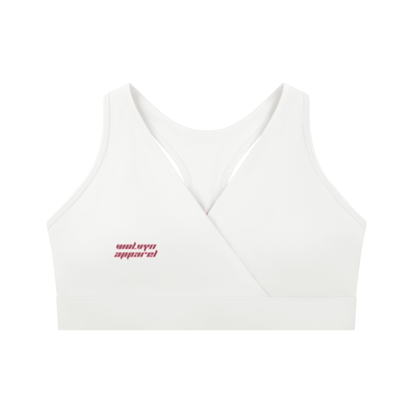 White women's crossover V-neck sports bra with subtle front logo and racerback design