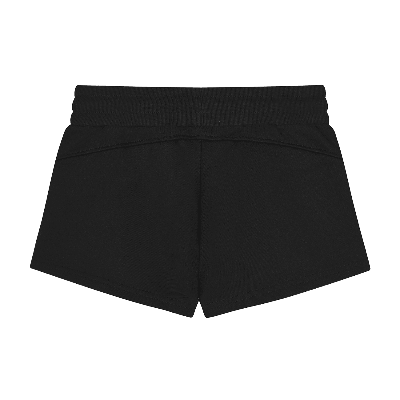 Back view of black women's drawstring shorts with elastic waistband on white background
